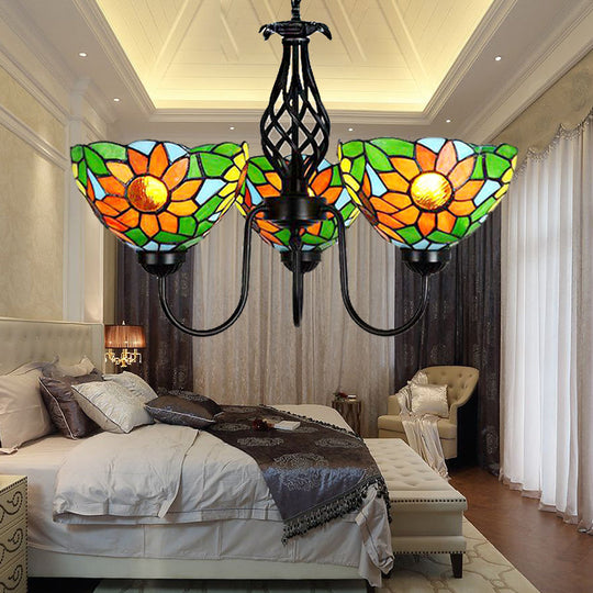 Stained Glass Sunflower Chandelier with Green Bowl Shade and Curved Arm Pendant Light