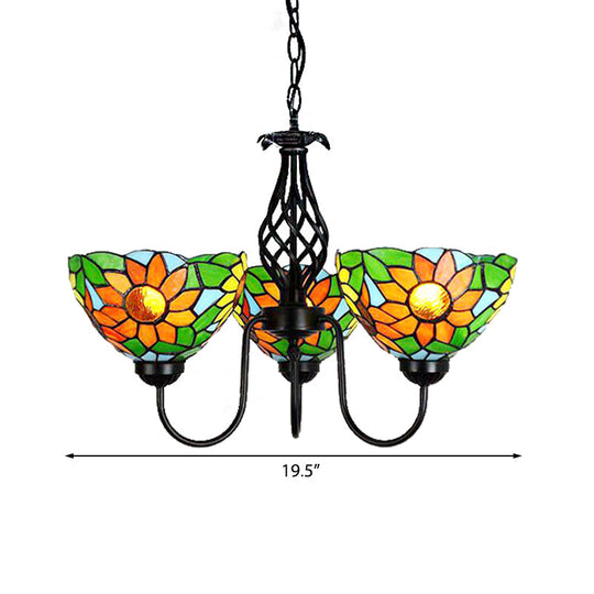 Green Stained Glass Sunflower Chandelier With Curved Arm And Bowl Shade - Lodge Pendant Light