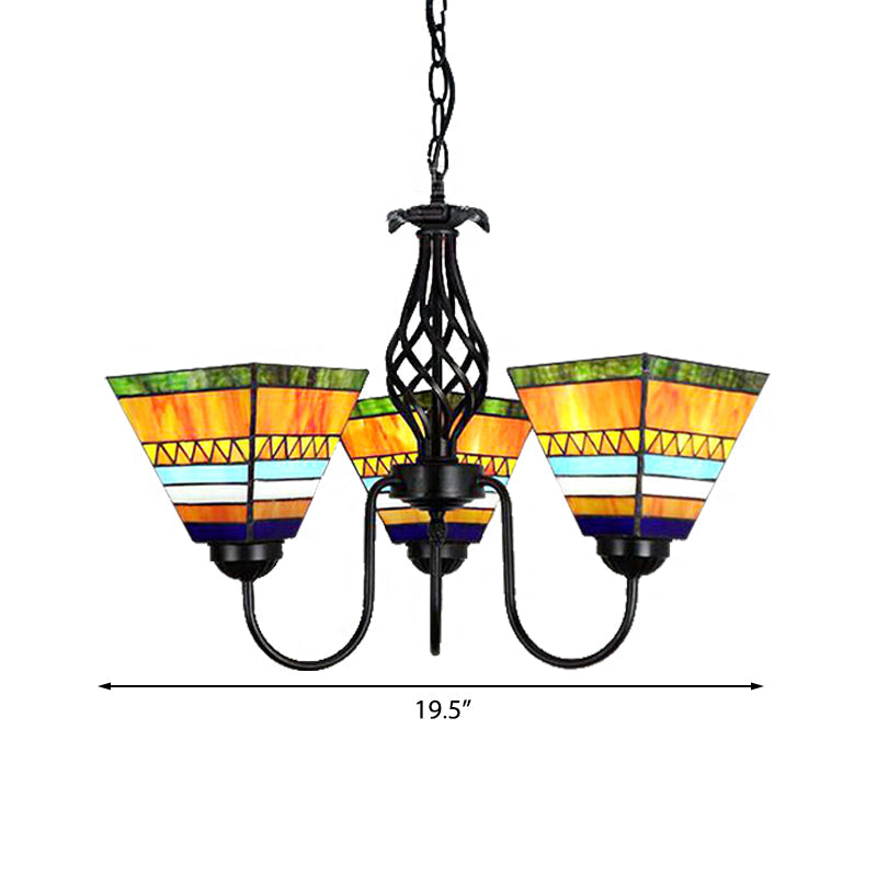 Orange Stained Glass Pyramid Hanging Light - Mission Style Chandelier with Gooseneck & 3 Lights
