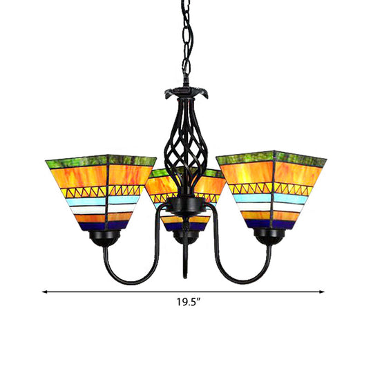 3-Light Gooseneck Stained Glass Ceiling Chandelier - Pyramid Hanging Light In Orange
