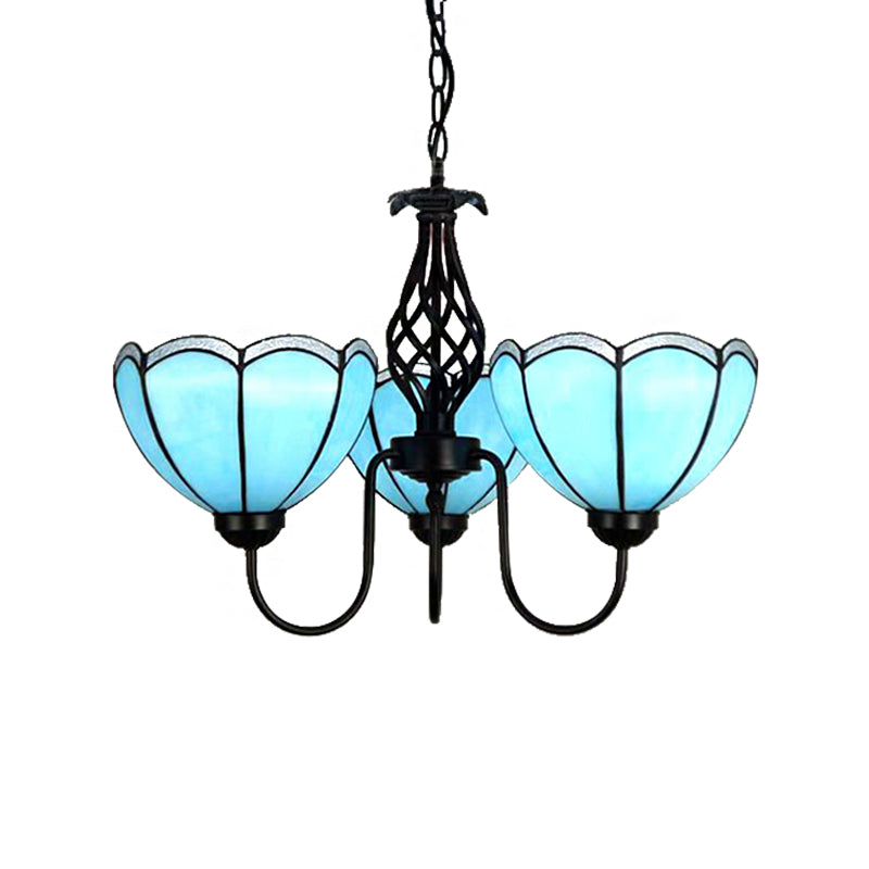 Traditional Tiffany Blue Glass Pendant Chandelier - 3-Light Scalloped Design for Living Room