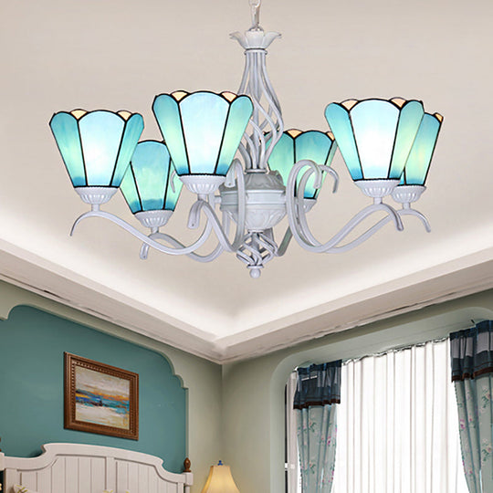 Traditional Stained Glass Pendant Chandelier with White Cone Finish in Blue/White