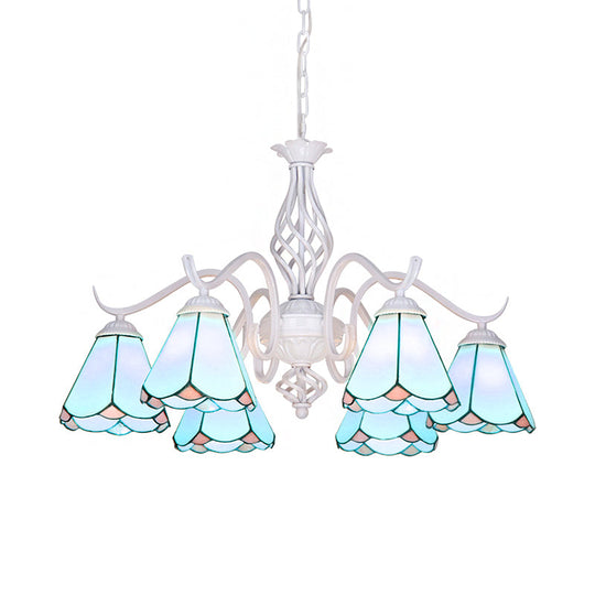 Blue/White Stained Glass Cone Ceiling Chandelier With Traditional White Finish - Multi-Light Pendant