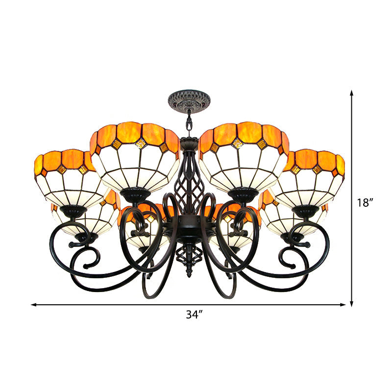 Stained Glass Bowl Hanging Light - Adjustable Metal Chain Tiffany Chandelier in Orange