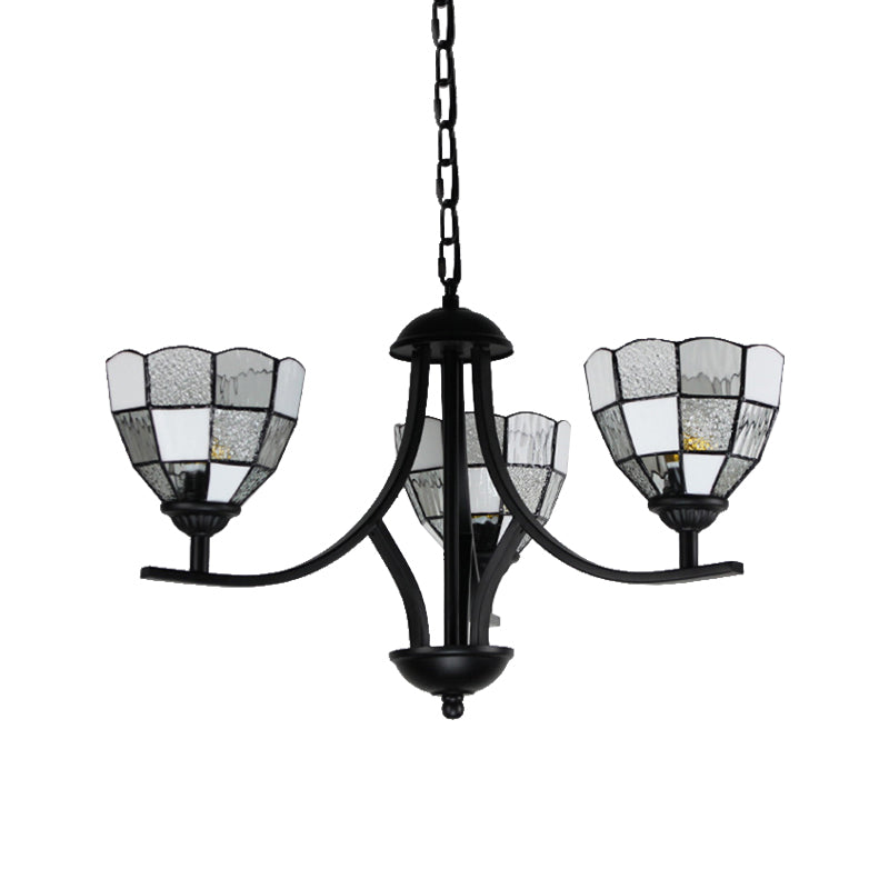 White Glass Chandelier Lamp with Black Finish - 3-Light Bowl Ceiling Hanging Light for Foyer