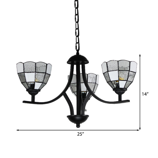 White Glass Chandelier Lamp with Black Finish - 3-Light Bowl Ceiling Hanging Light for Foyer