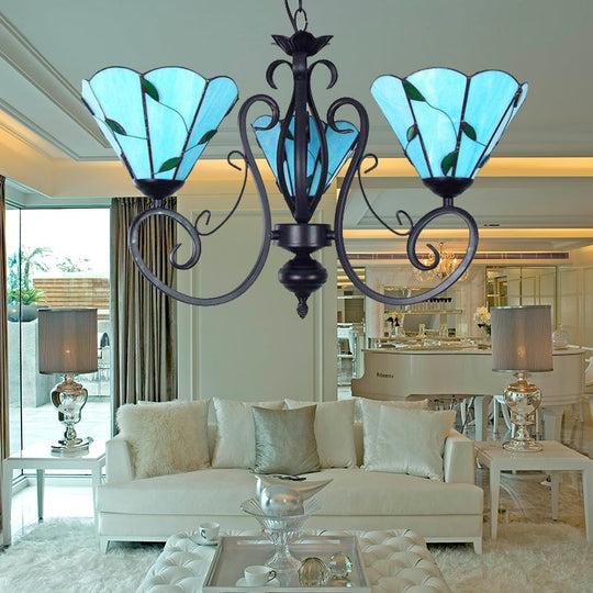 Adjustable Chain Vintage Glass Pendant Light - Leaf Ceiling Chandelier with 3 Lights in Blue/Clear for Living Room