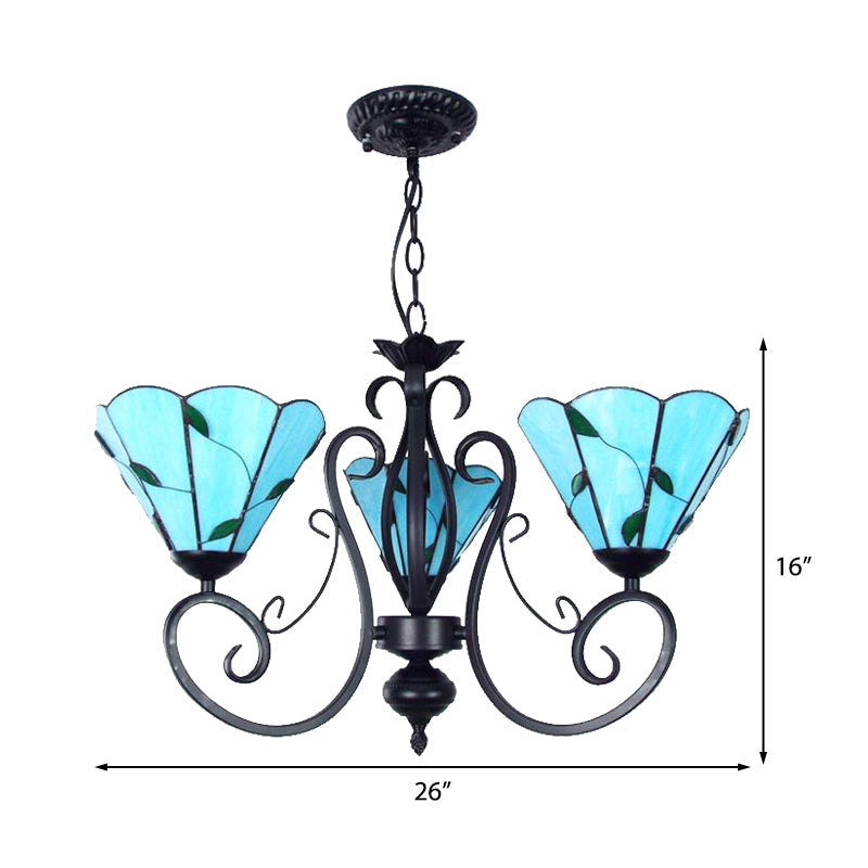 Adjustable Chain Vintage Glass Pendant Light - Leaf Ceiling Chandelier with 3 Lights in Blue/Clear for Living Room
