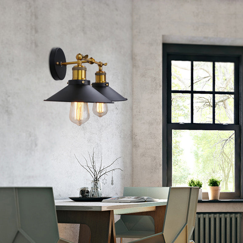 Industrial Stylish Metal Wall Sconce Lighting For Living Room - 2 Heads Light With Conical Shade In