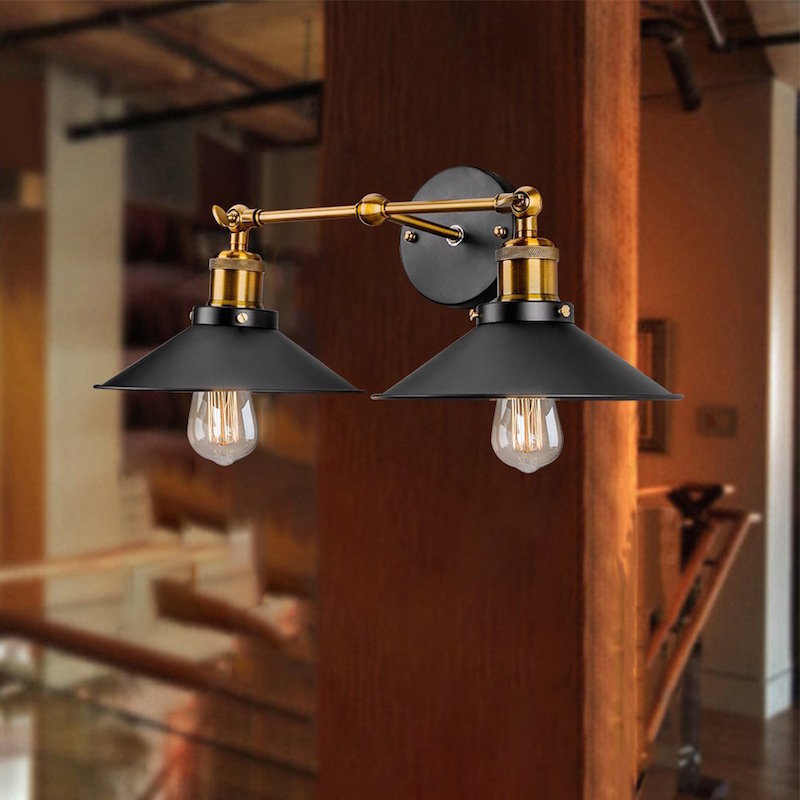 Industrial Stylish Metal Wall Sconce Lighting For Living Room - 2 Heads Light With Conical Shade In