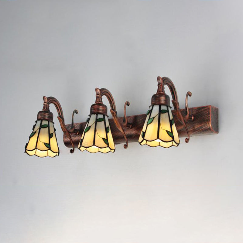 Rustic Loft Stained Glass Vanity Light With Linear Backplate And 3 Leaf-Shaped Heads In