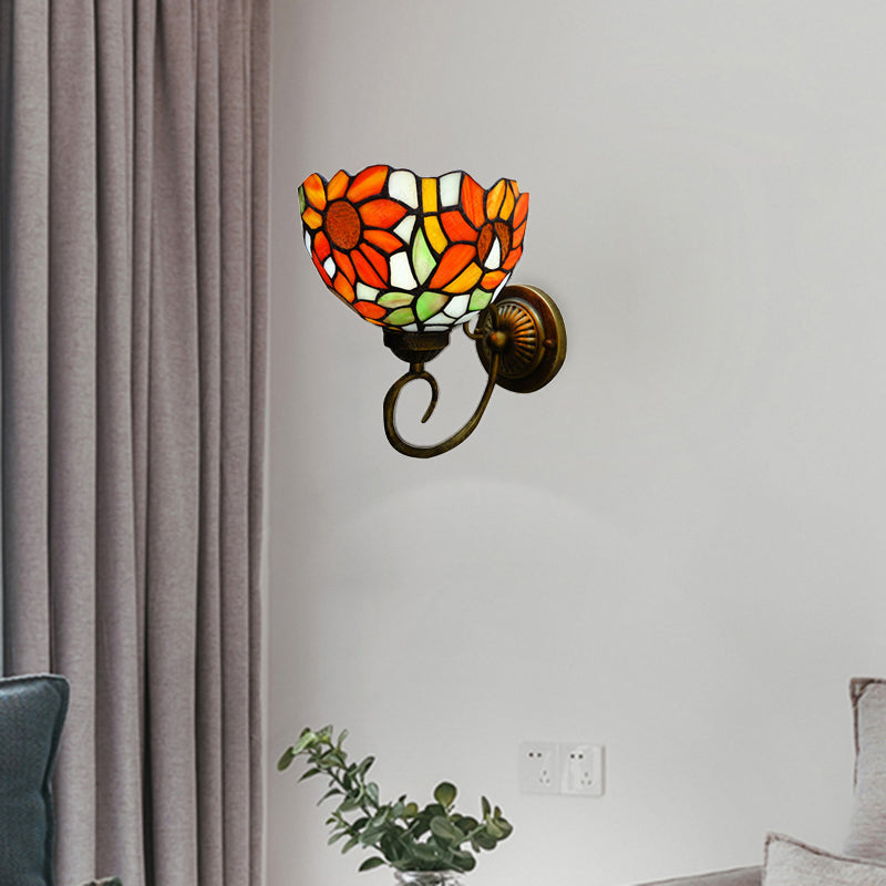 Victorian Sunflower Wall Mount Stained Glass Sconce Light - Orange