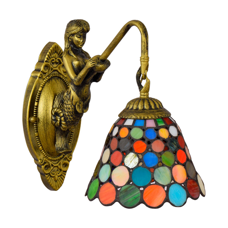 Multicolor Stained Glass Tiffany Bell Sconce Light - Antique Brass Wall Mount Fixture