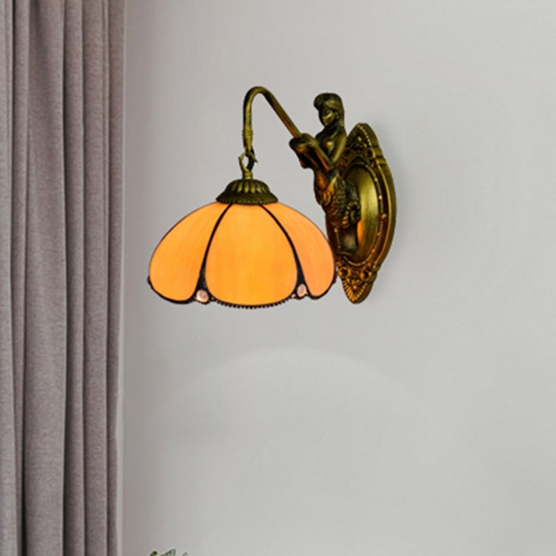 Vintage Brass Petal Wall Light Tiffany 1-Light Yellow Glass Sconce With Mermaid Decoration