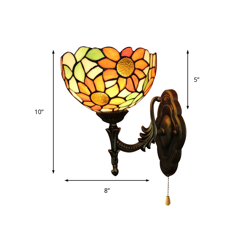 Rustic Tiffany Stained Glass Sunflower Wall Lamp In Orange 1 Light Sconce For Libraries