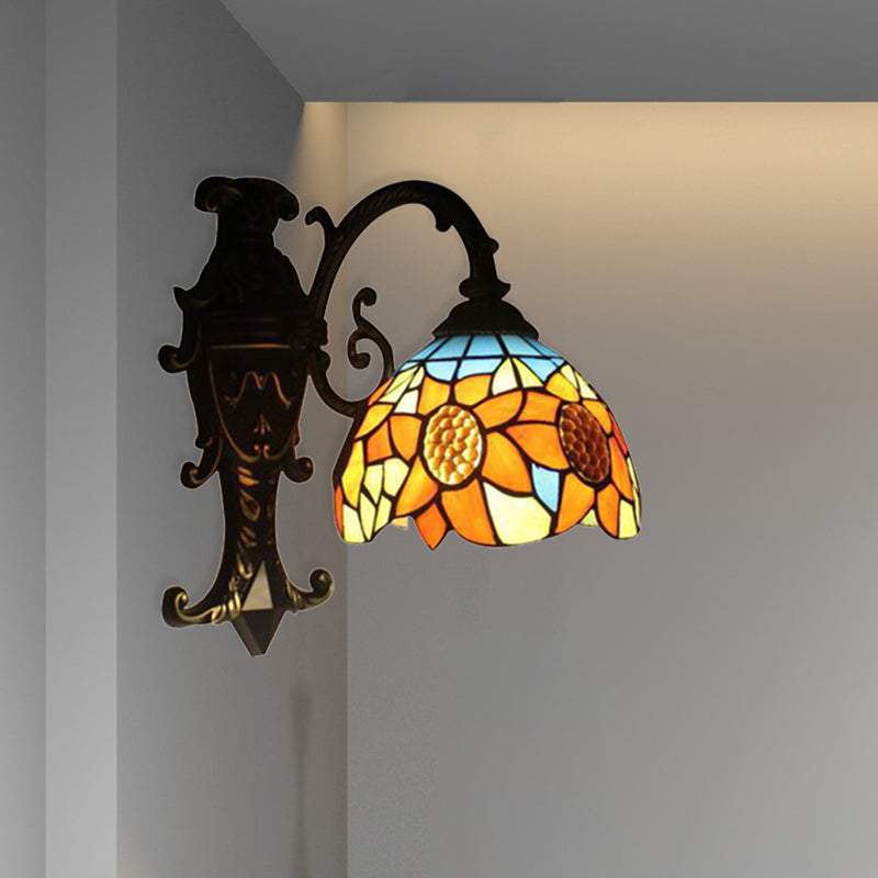 Rustic Tiffany Sunflower Sconce Lamp - Stained Glass Wall Light In Orange For Bedroom