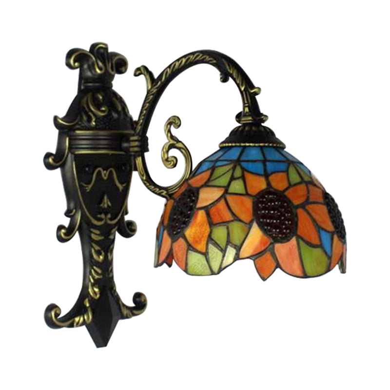 Rustic Tiffany Sunflower Sconce Lamp - Stained Glass Wall Light In Orange For Bedroom