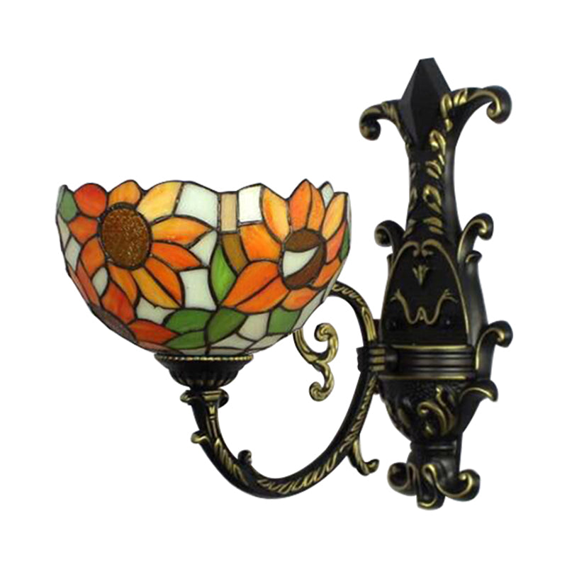 Tiffany Sunflower Orange Wall Sconce Lamp With Rustic Stained Glass For Bedroom