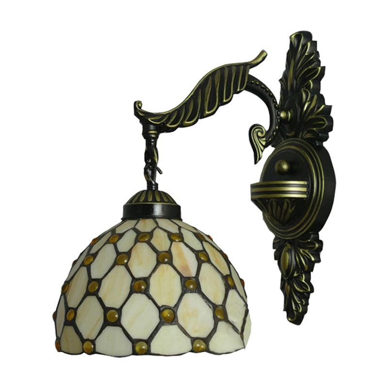 Beige Carved Arm Tiffany Glass Dome Wall Light - Traditional Sconce For Hallway