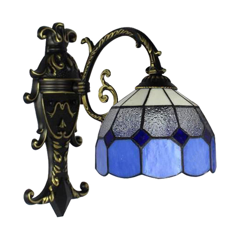 Tiffany Vintage Blue Glass Grid Dome Wall Sconce - 1 Light For Dining Room