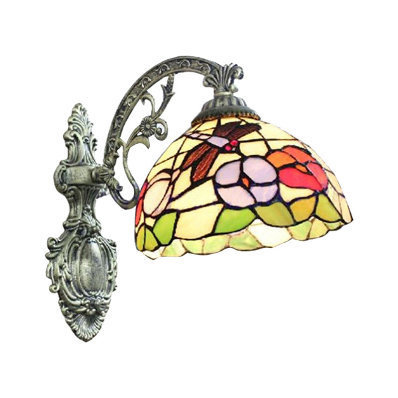 Carved Base Tiffany Rustic Sconce With Petal Stained Glass For Restaurant Wall Lighting
