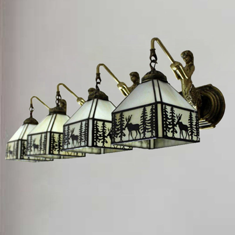 Fashionable Rustic Lodge Wall Light With Forest Deer 4 Lights And Mermaid Art Glass Sconce In Beige