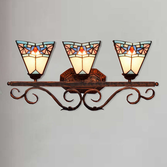 Tiffany Antique Wall Light In Black/Green/Blue Glass Pattern With 3 Bulbs Perfect For Living Room