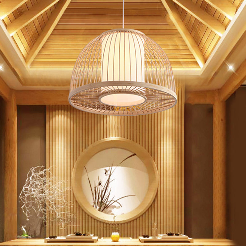 Bamboo Domed Pendant Lamp With Inner Shade - Modern 1-Light Ceiling Fixture Beige 12/14 Diameter