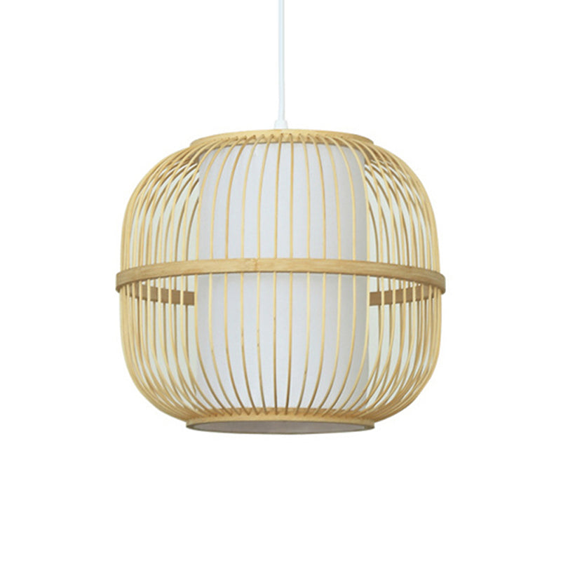 Contemporary Beige Bamboo Pendant Lamp With Inner Cylindrical Shade - 1-Light Ceiling Fixture