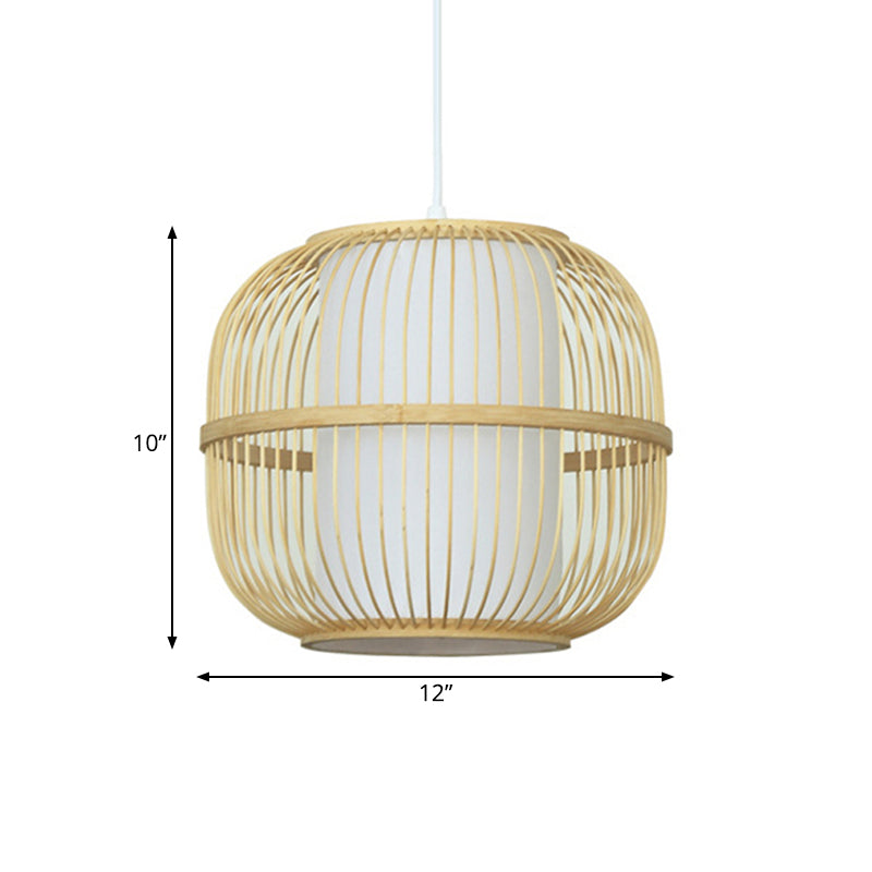 Contemporary Beige Bamboo Pendant Lamp With Inner Cylindrical Shade - 1-Light Ceiling Fixture
