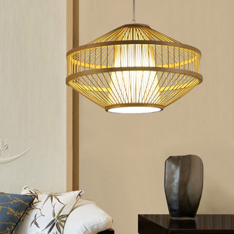 Modernist Style Hanging Lamp: 1 Light Pendant With Bamboo Shade - Beige Open-Weave Suspension Design