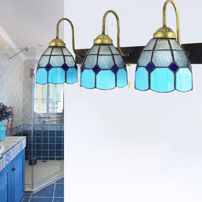 Mediterranean Dome Wall Light Fixture - 3 Blue Dimple Glass Sconce Heads For Bathroom