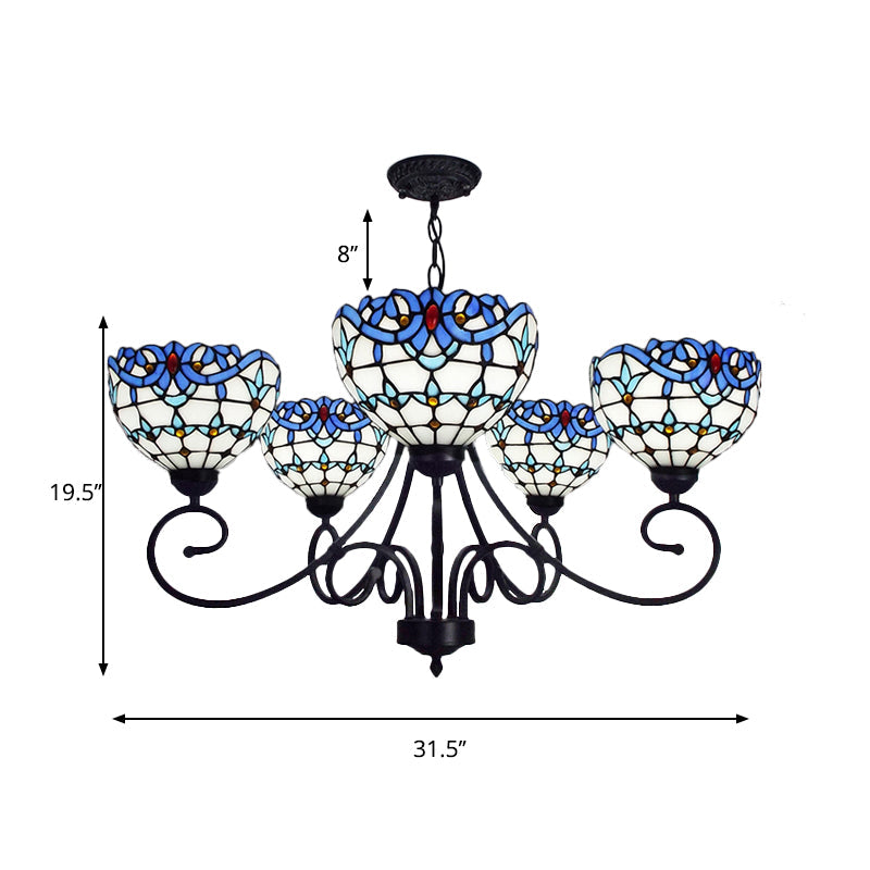 Victorian Stained Glass Bowl Pendant Light - Blue 5-Light Chandelier For Indoor Foyer Use