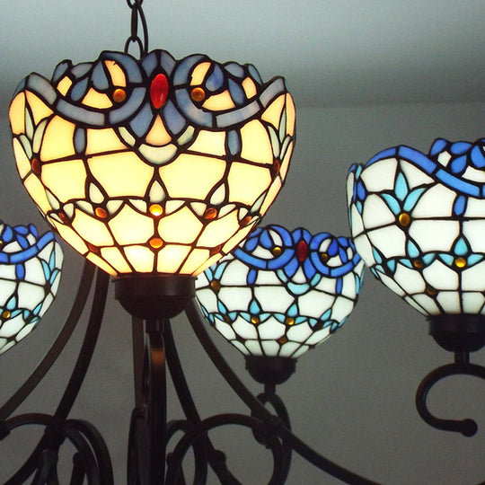 Victorian Stained Glass Bowl Pendant Light - Blue 5-Light Chandelier For Indoor Foyer Use