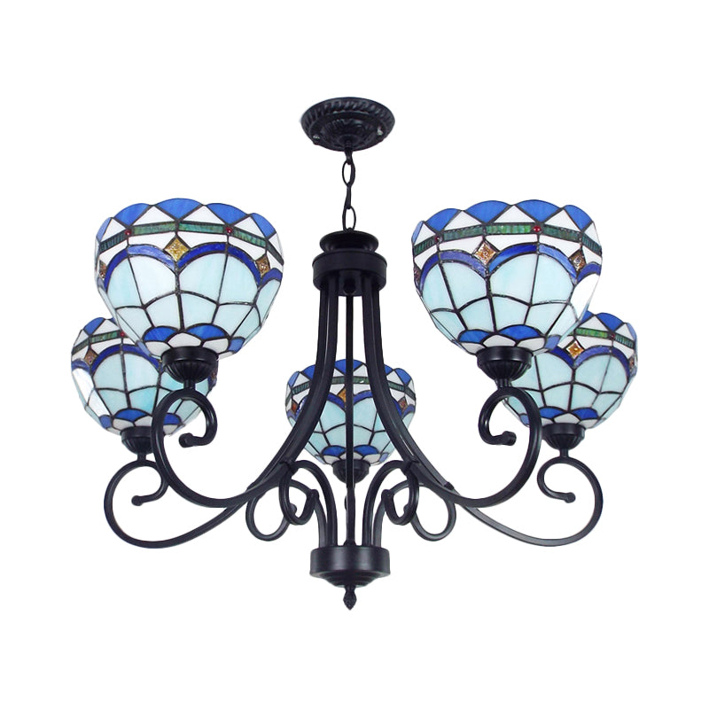 Mediterranean Stained Glass Pendant Light - 5 Blue Lights, Hanging Ceiling Fixture