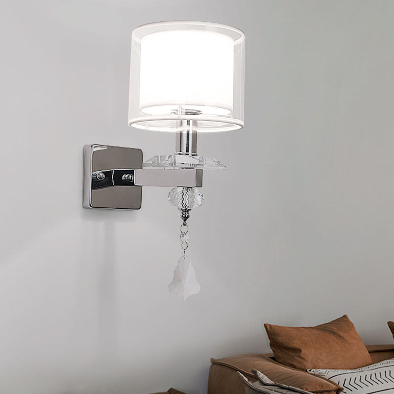 Contemporary Double Glass Cylinder Wall Lamp With Crystal Accent In Chrome: Brilliant 1-Light