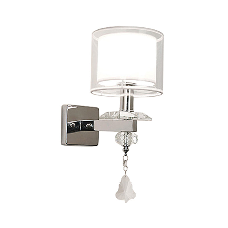 Contemporary Double Glass Cylinder Wall Lamp With Crystal Accent In Chrome: Brilliant 1-Light