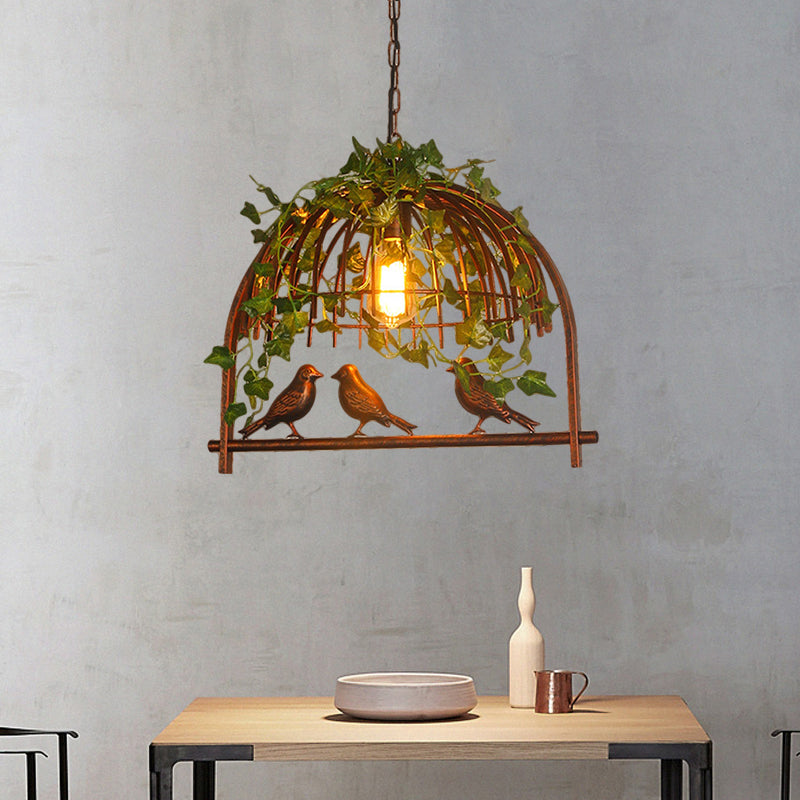 Rustic Birdcage Pendant Light With Plant Deco - 1 Metallic Suspension Lamp Rust