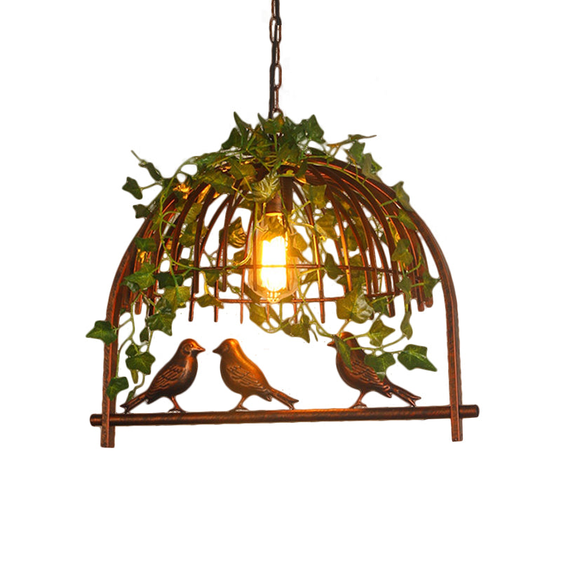 Rustic Birdcage Pendant Light With Plant Deco - 1 Metallic Suspension Lamp