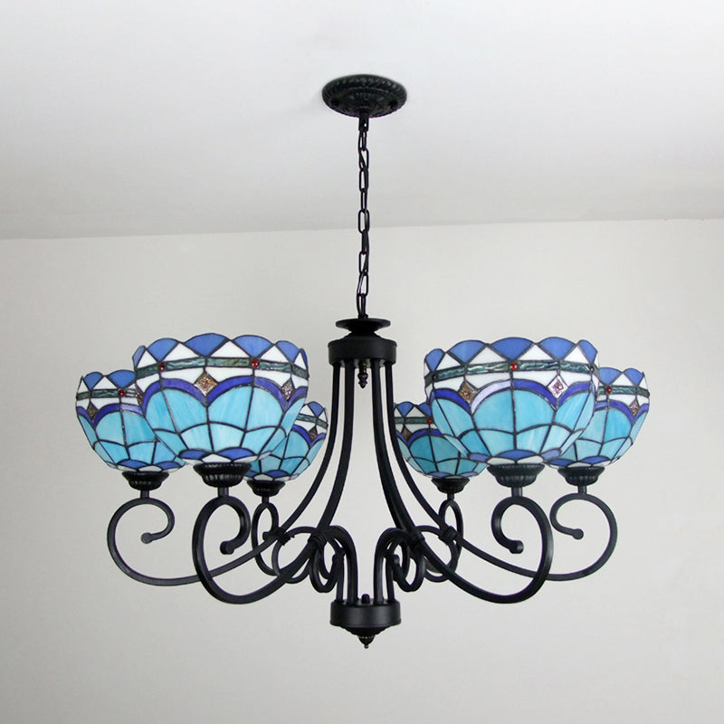Blue Glass Bowl Chandelier - 6-Light Pendant Light with Metal Chain for Living Room Décor