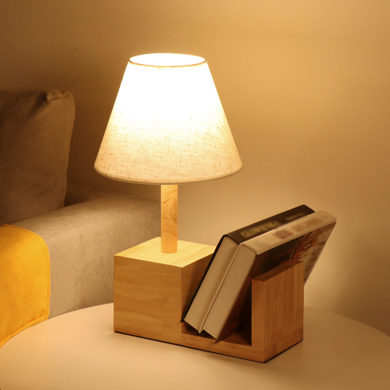 Contemporary Tapered Fabric Night Table Light White 1-Head Desk Lamp With Wood Shelf Base