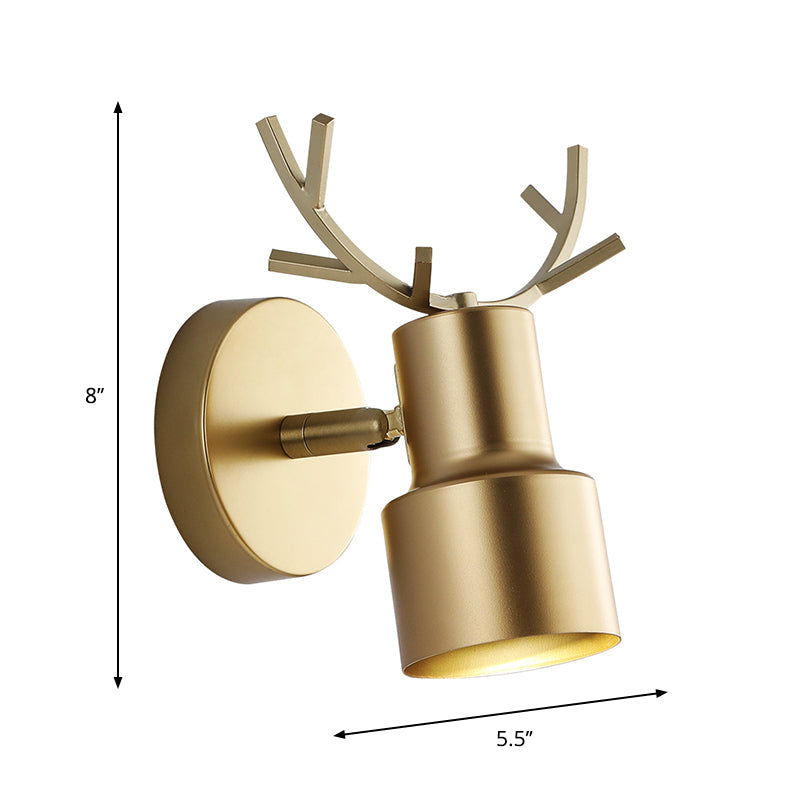 Macaron Gold Antler Led Wall Light: Modern 1-Light Fixture For Bedroom With Dual Drum Metal Shade