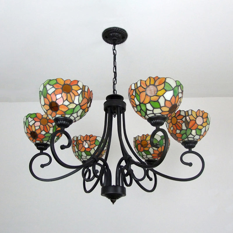 Stained Glass Sunflower Chandelier with 6 Lights and Metal Chain for Indoor Pendant Lighting