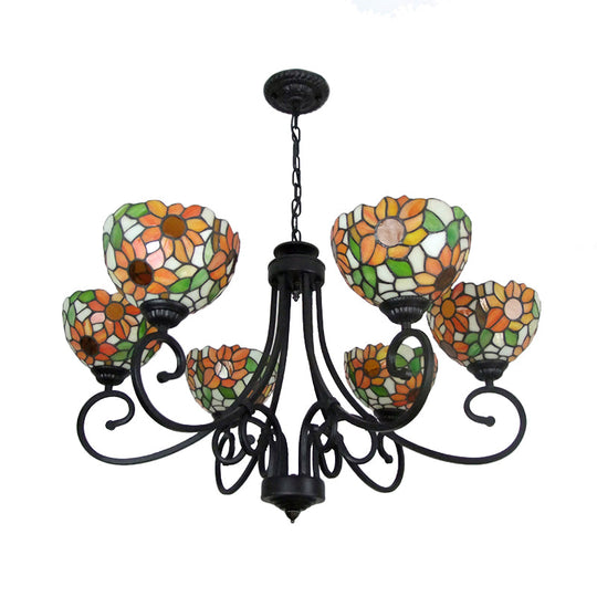 Sunflower Chandelier Lamp - Orange Stained Glass Pendant Lighting With Metal Chain (6 Lights)