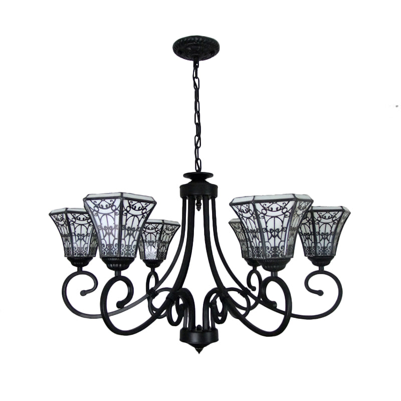 White Glass Bell Pendant Light with Fence Design - Lodge Style Chandelier Lamp (6 Lights) in Black