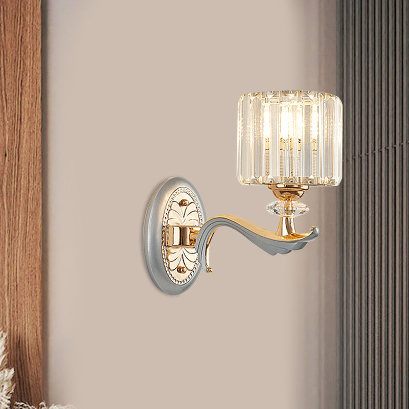 Contemporary Gold Wall Light With Clear Crystal Shade - Modernist 1/2-Head Cylinder Lamp 1 /