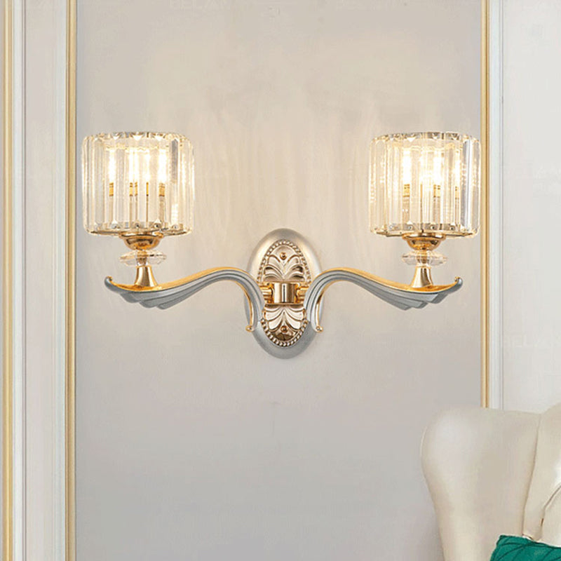 Contemporary Gold Wall Light With Clear Crystal Shade - Modernist 1/2-Head Cylinder Lamp 2 /