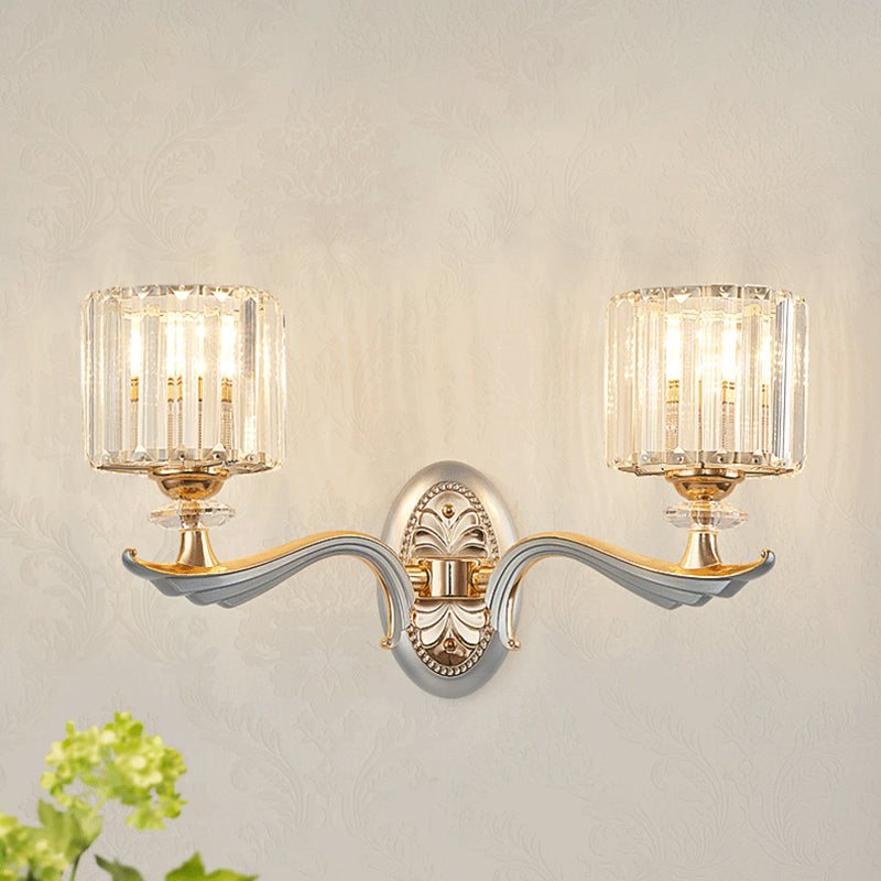 Contemporary Gold Wall Light With Clear Crystal Shade - Modernist 1/2-Head Cylinder Lamp