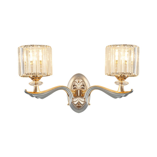 Contemporary Gold Wall Light With Clear Crystal Shade - Modernist 1/2-Head Cylinder Lamp