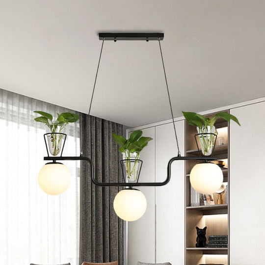 Industrial Black Island Light Fixture with Opal Glass Globe Pendant and Clear Glass Pot - 3-Bulb
